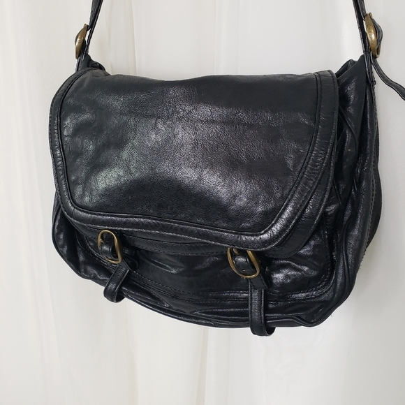 Olivia Harris black leather satchel bag multiple compartment - Picture 2 of 13